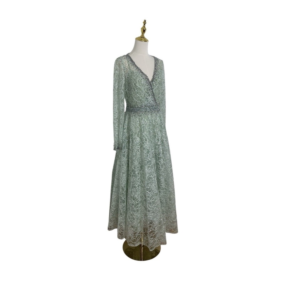 Mac Duggal 20366‎ Sage Wrap Bodice A-Line Tea Length Dress Size 6 $798 - Picture 5 of 8
